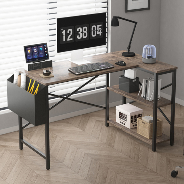 Lotus 2 Shelf Distressed Grey Corner L-Shaped Computer Desk 120cm - image 1