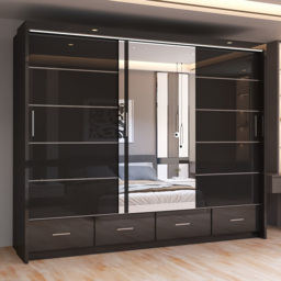 Sliding Wardrobes 4U Sycylia Black High Gloss 3 Door 4 Drawer Mirror Wardrobe