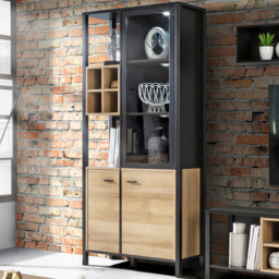 Florence High Rock 4 Door Matt Black and Riviera Oak Display Cabinet - thumbnail 1