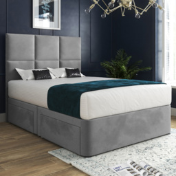 Caprio Grey King Size Upholstered Divan Bed Frame with Floorstanding Cube Headboard