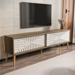 Decorotika Riso Walnut and White TV Unit with Sliding Doors