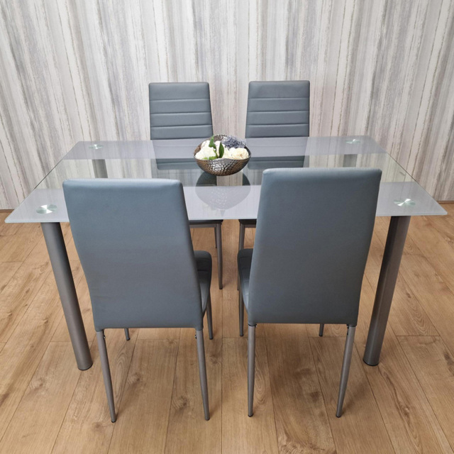 Kosy Koala 4 Seater Glass and Faux Leather Striped Design Dining Set Grey - image 1