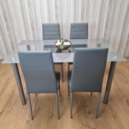Kosy Koala 4 Seater Glass and Faux Leather Striped Design Dining Set Grey