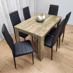 Portland 6 Seater Dining Set Rustic Effect and Black Metal