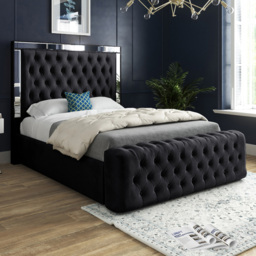 Marino Black Super King Size Velvet Upholstered Bed Frame with Mirrored Headboard