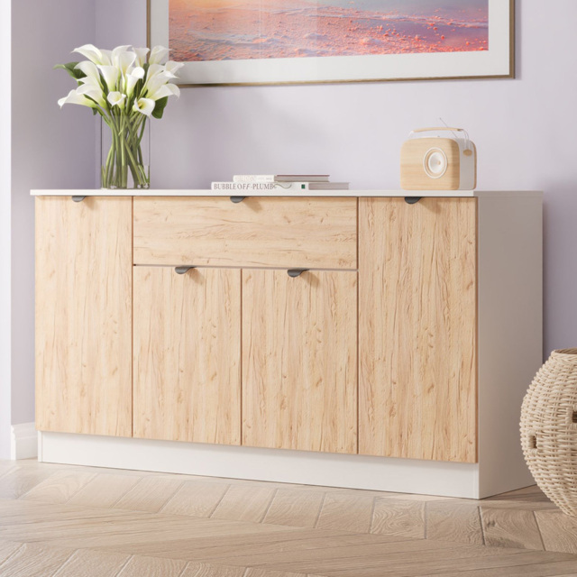 Crowndale Bora 4 Door Single Drawer Gold Craft Oak and Kashmir Wide Sideboard Ready Assembled - image 1