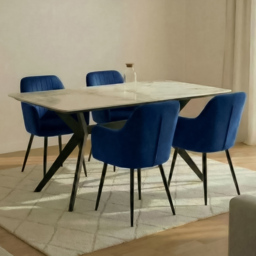 Indoor Living Charlotte 4 Seater Velvet Marble Top Dining Set Blue