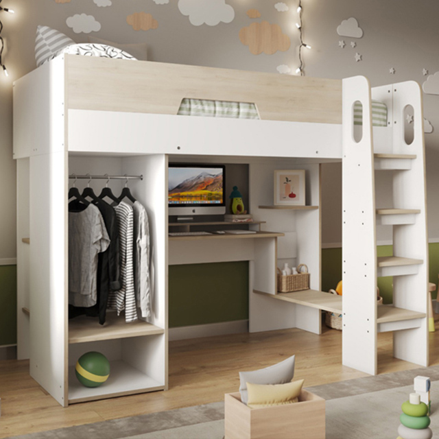 Flair Coco White and Oak High Sleeper Workstation with Wardrobe - image 1