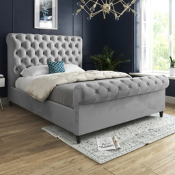 Sienna Super King Size Grey Soft Velvet Upholstered Sleigh Bed Frame with Scrolled Headboard