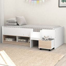 Kidsaw Single White and Oak Cabin Bed with Cubes and Pullout Drawer