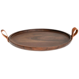 Ivyline Harvey Walnut Wooden Candle Plate with Leather Handles
