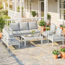 Outsunny 7 Seater White Garden Lounge Set with Olefin Cushion - thumbnail 1