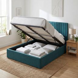 FWStyle Sollom Teal King Size Upholstered Lift-Up Ottoman Bed Frame with Ribbed Headboard - thumbnail 2