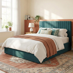FWStyle Sollom Teal King Size Upholstered Lift-Up Ottoman Bed Frame with Ribbed Headboard - thumbnail 1