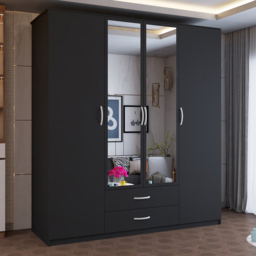 Sliding Wardrobes 4U London Black 4 Door 2 Drawer Hinged Mirrored Wardrobe