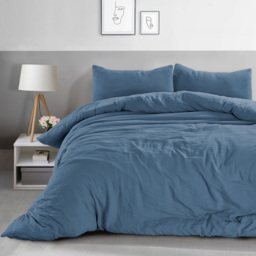 Velosso Washed Linen Look Denim Blue Super King Size Duvet and Pillowcase Set