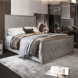 Roxy Small Double Grey Soft Velvet Upholstered Metal Bed Frame with Chevron Headboard