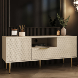 GFW Azariah Ivory 2 Door Single Drawer Single Shelf Geometric Honeycomb Pattern TV Unit