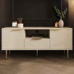 GFW Azariah Ivory 2 Door Single Drawer Single Shelf Geometric Honeycomb Pattern TV Unit - thumbnail 1