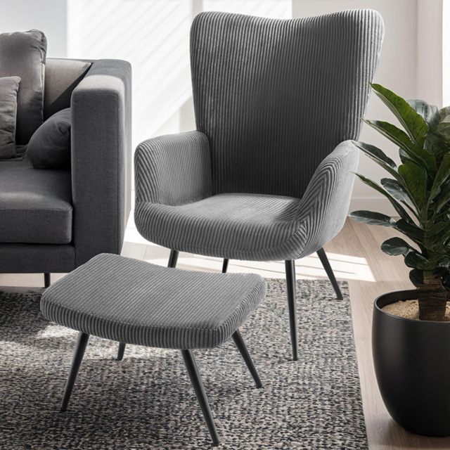tectake Hygge Wide Cord Anthracite Ergonomic Backrest Armchair with Footstool - image 1