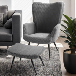 tectake Hygge Wide Cord Anthracite Ergonomic Backrest Armchair with Footstool