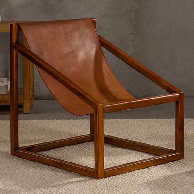 Premier Housewares Kendari Brown Leather and Teak Wood Sling Chair - image 1