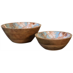 Artisan Furniture Beige Solid Wood Floral Bird Bowl 2 Pack