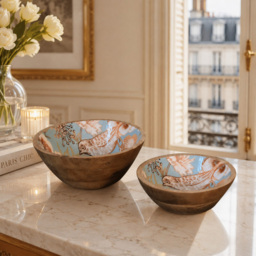 Artisan Furniture Beige Solid Wood Floral Bird Bowl 2 Pack - thumbnail 2