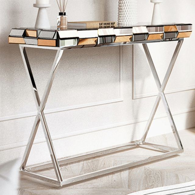 CARME Home Knightsbridge Rose Gold and Silver Mirrored Console Table - image 1