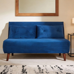 Home Source 2 Seater Blue Velvet Sofa Bed with Cushions - thumbnail 1
