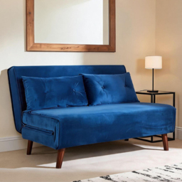 Home Source 2 Seater Blue Velvet Sofa Bed with Cushions - thumbnail 2