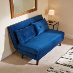 Home Source 2 Seater Blue Velvet Sofa Bed with Cushions - thumbnail 4