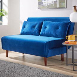 Home Source 2 Seater Blue Velvet Sofa Bed with Cushions