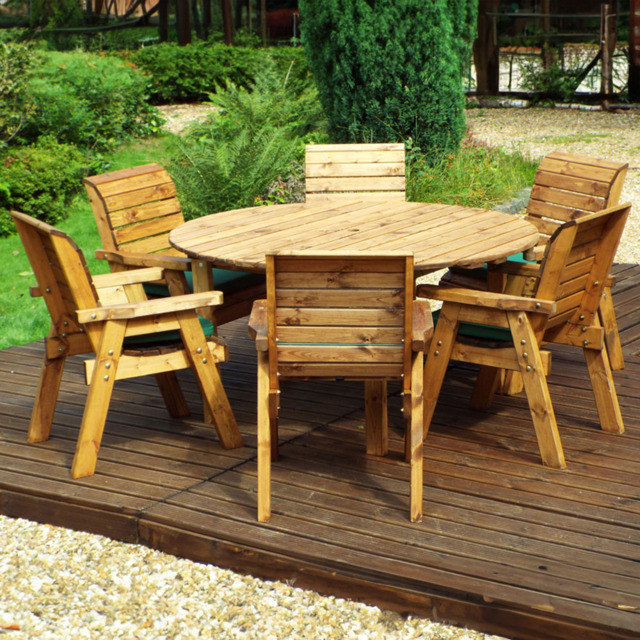 Charles Taylor Solid Wood 6 Seater Round Outdoor Dining Set with Green Cushions - image 1