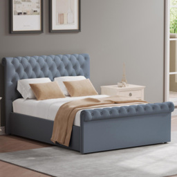 FWStyle Abbey Steel Grey Double Side Lift Ottoman Bed Frame with Scroll Buttoned Headboard