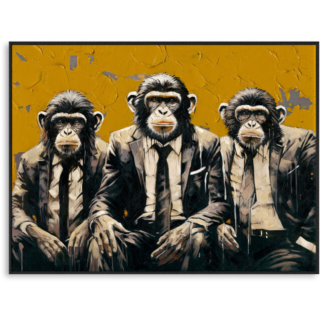 Yellow Trio of Monkeys Textured Framed Wall Canvas 60 x 80cm - image 1