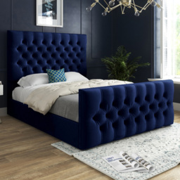 Novara Blue Small Double Velvet Upholstered Bed Frame with Pleated Chesterfield Headboard