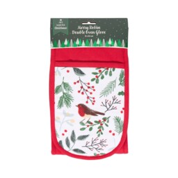 Mistletoe Robin Double Oven Glove Red - thumbnail 1
