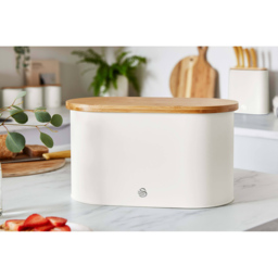 Swan Cotton White Bread Bin with Wooden Lid - thumbnail 2