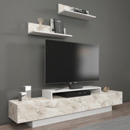 Decorotika Lusi White Marble Effect 2 Door Single Shelf TV Unit with 2 Floating Wall Shelf