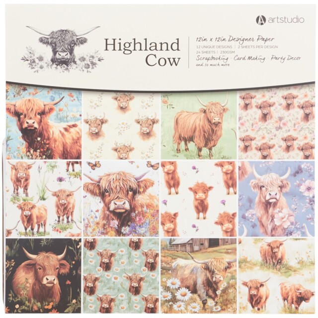 Art Studio Highland Cow Designer Paper Pad 24 Pack