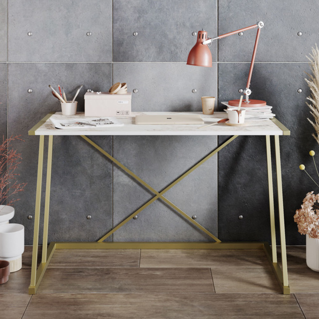 Decorotika Anemon White Marble and Gold Wide Computer Desk - image 1