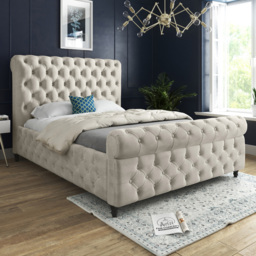 Savana Small Double Silver Soft Velvet Upholstered Sleigh Bed Frame with Scrolled Headboard