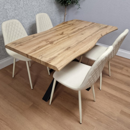 Portland Cream Gem Pattern Faux Leather Wooden Tabletop 4 Seater Dining Set
