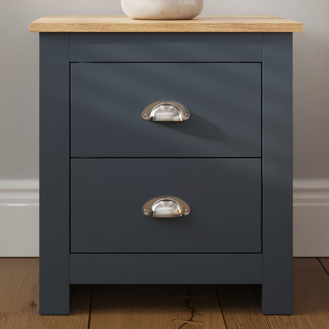 GFW Lancaster Slate Blue 2 Drawer Bedside Table with Oak Effect Top - image 1