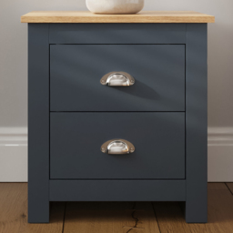 GFW Lancaster Slate Blue 2 Drawer Bedside Table with Oak Effect Top
