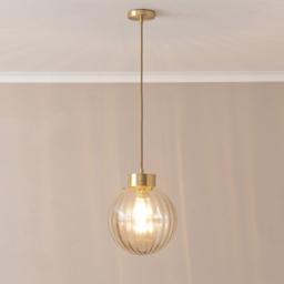 ValueLights Chessy Brushed Gold Ribbed Glass Ceiling Pendant Light - thumbnail 2