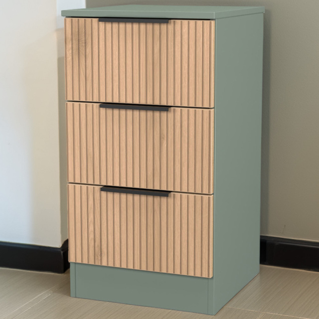 Crowndale Java Slatt Effect and Reed Green 3 Drawer Bedside Cabinet - image 1