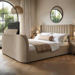 Flair Fallon Beige King Size Velvet TV Side Lift Ottoman Bed