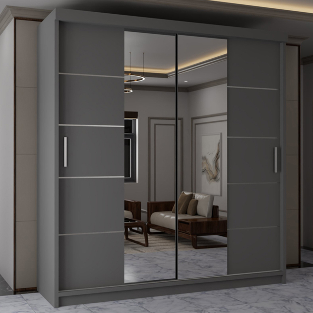 Sliding Wardrobes 4U Lisbon Grey 2 Door Full-Length Mirror Wardrobe with Adjustable Shelves - image 1